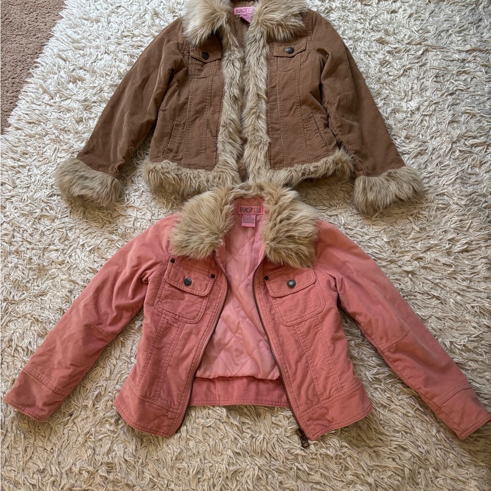 Girls Faux Fur Trim Jackets - Salmon Pink and Brown